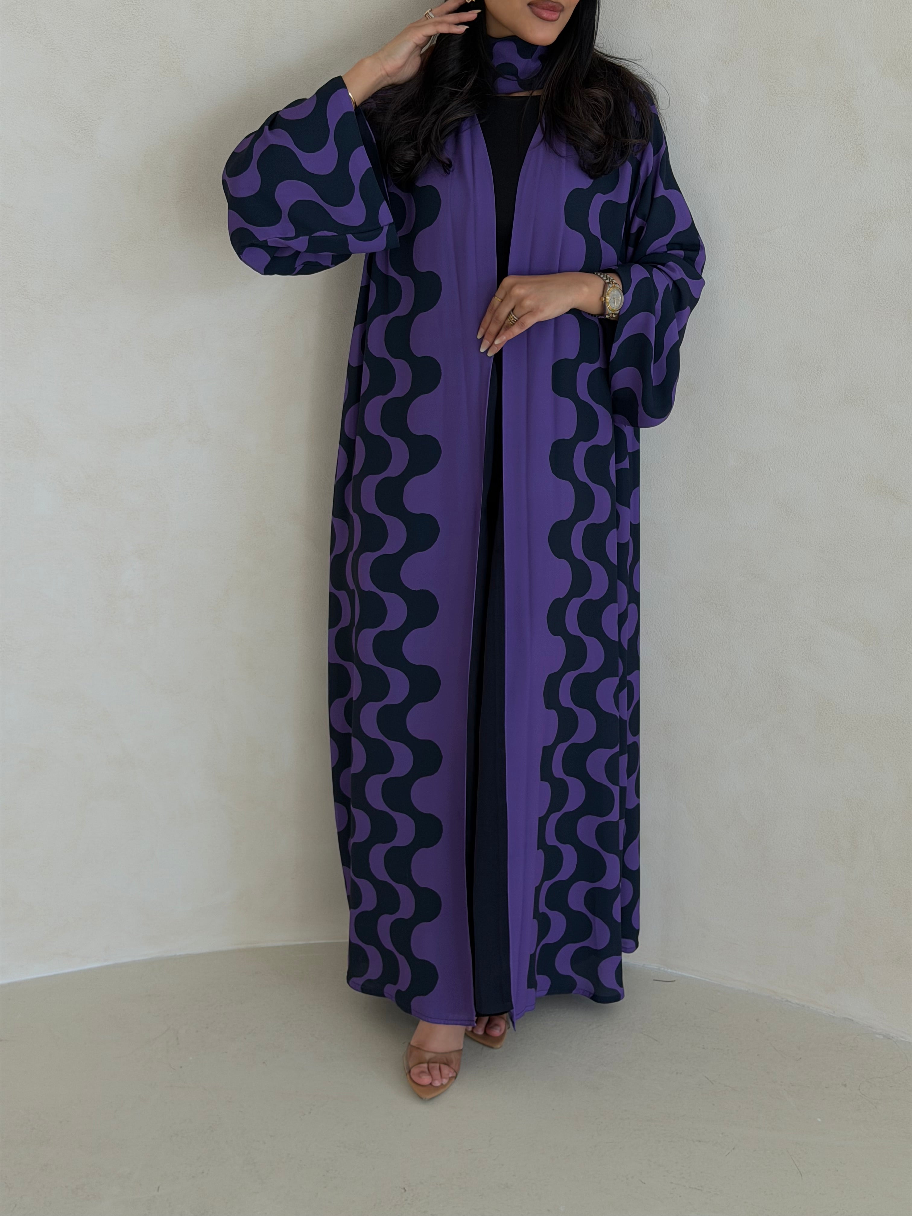 FAB345- Purple Blue Waves Printed Straight-Cut Abaya and matching headscarf