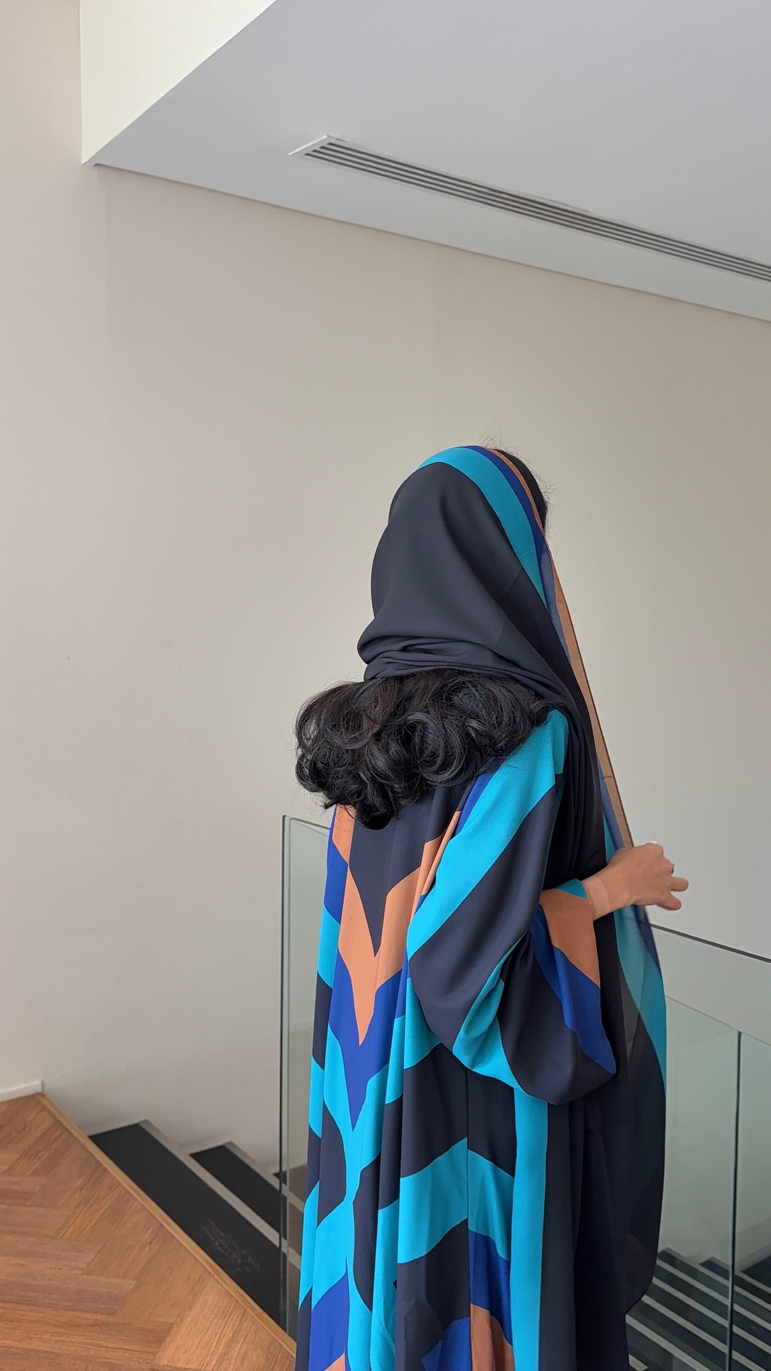 FAB328- Turqoise mustard printed Rainbow straight-cut abaya with matching headscarf