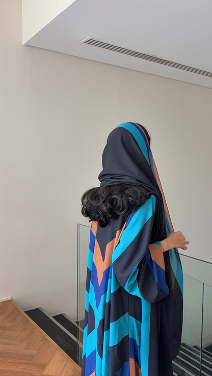 FAB328- Turqoise mustard printed Rainbow straight-cut abaya with matching headscarf