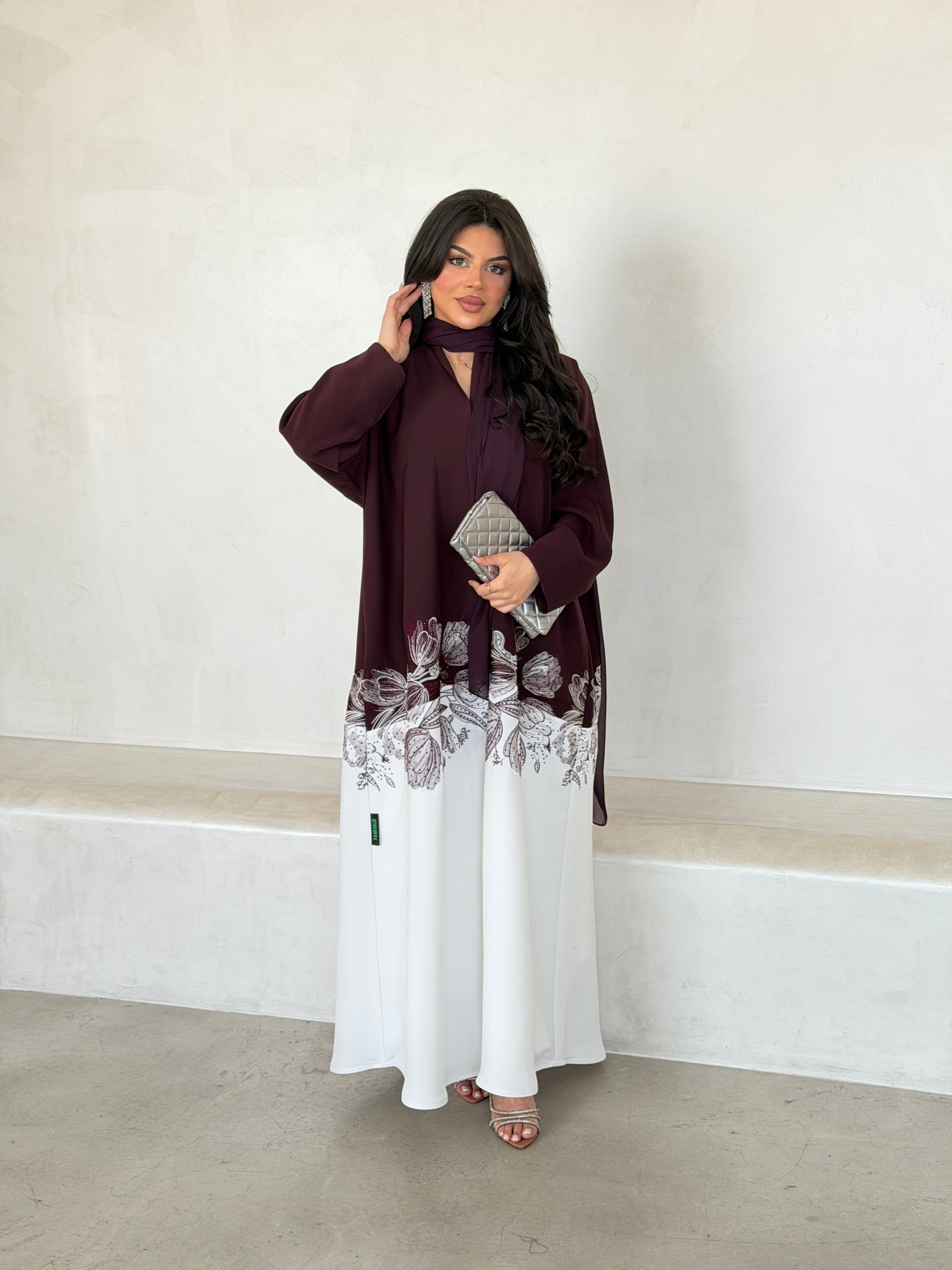 FAB293- Burgundy & White Crepe Crystal Embroidered Abaya