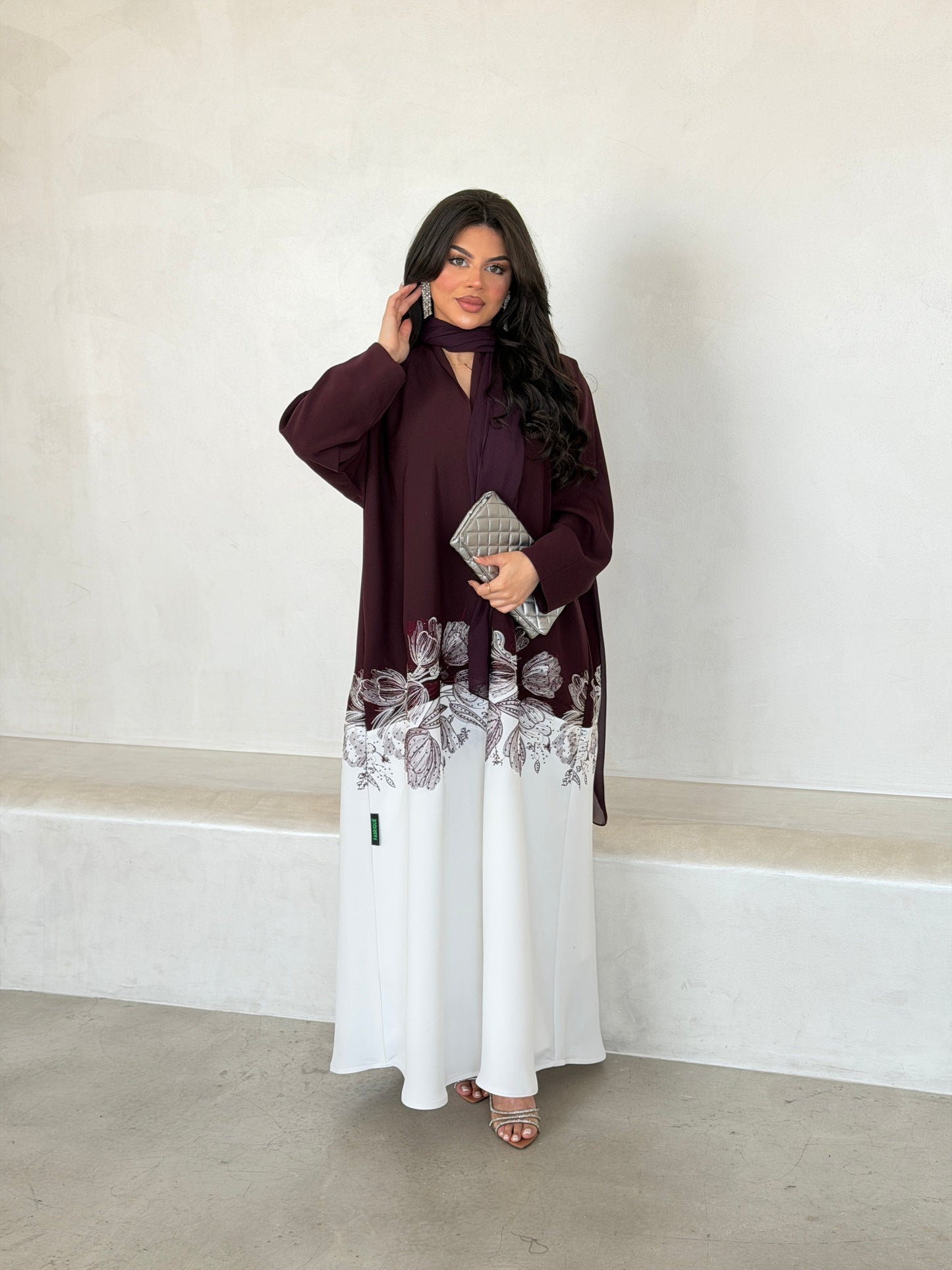 FAB293- Burgundy & White Crepe Crystal Embroidered Abaya