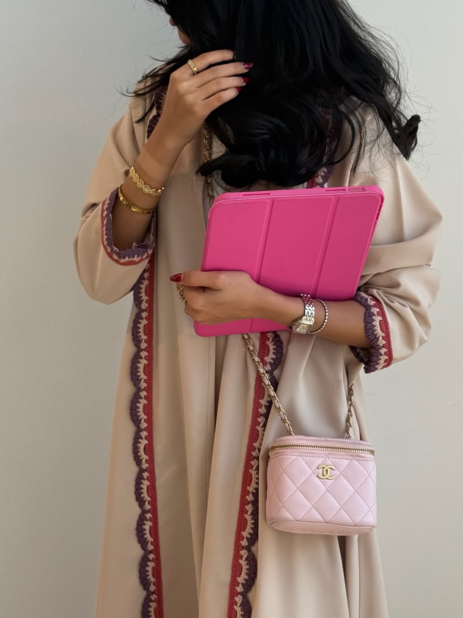 FAB325- Beige Pink Crochet Crepe A-Cut Abaya with matching headscarf