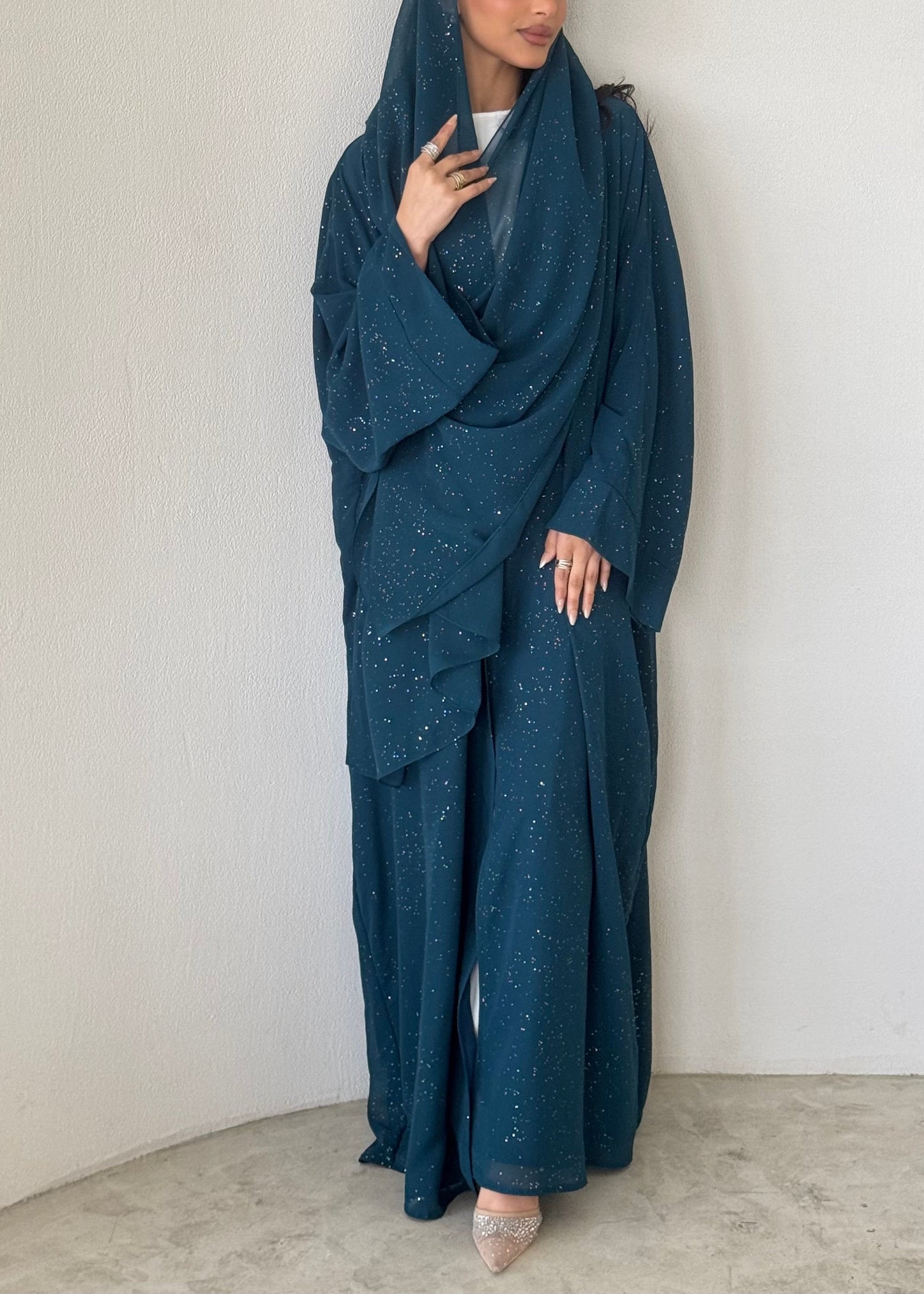 FAB182- Elegant Turqoise Glitter Chiffon Abaya