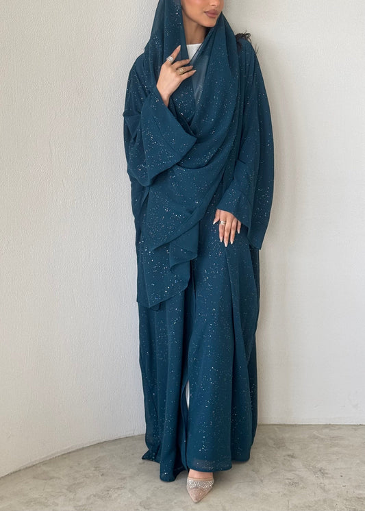 FAB182- Elegant Turqoise Glitter Chiffon Abaya