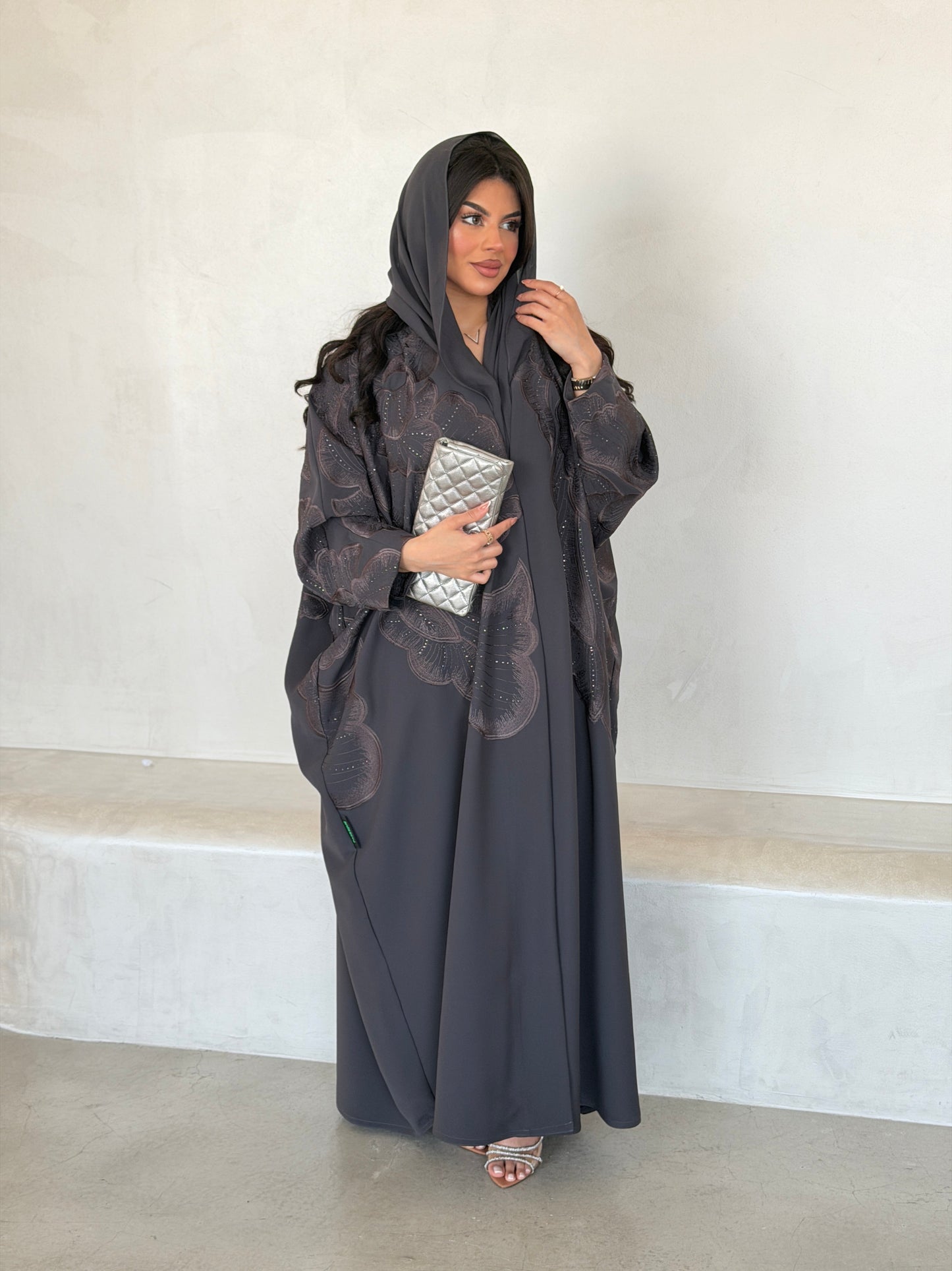 FAB296- Grey Crystal Embroidered Half Bisht Cut Crepe Abaya