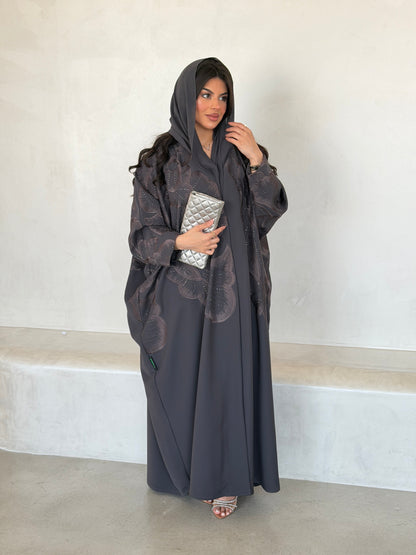 FAB296- Grey Crystal Embroidered Half Bisht Cut Crepe Abaya