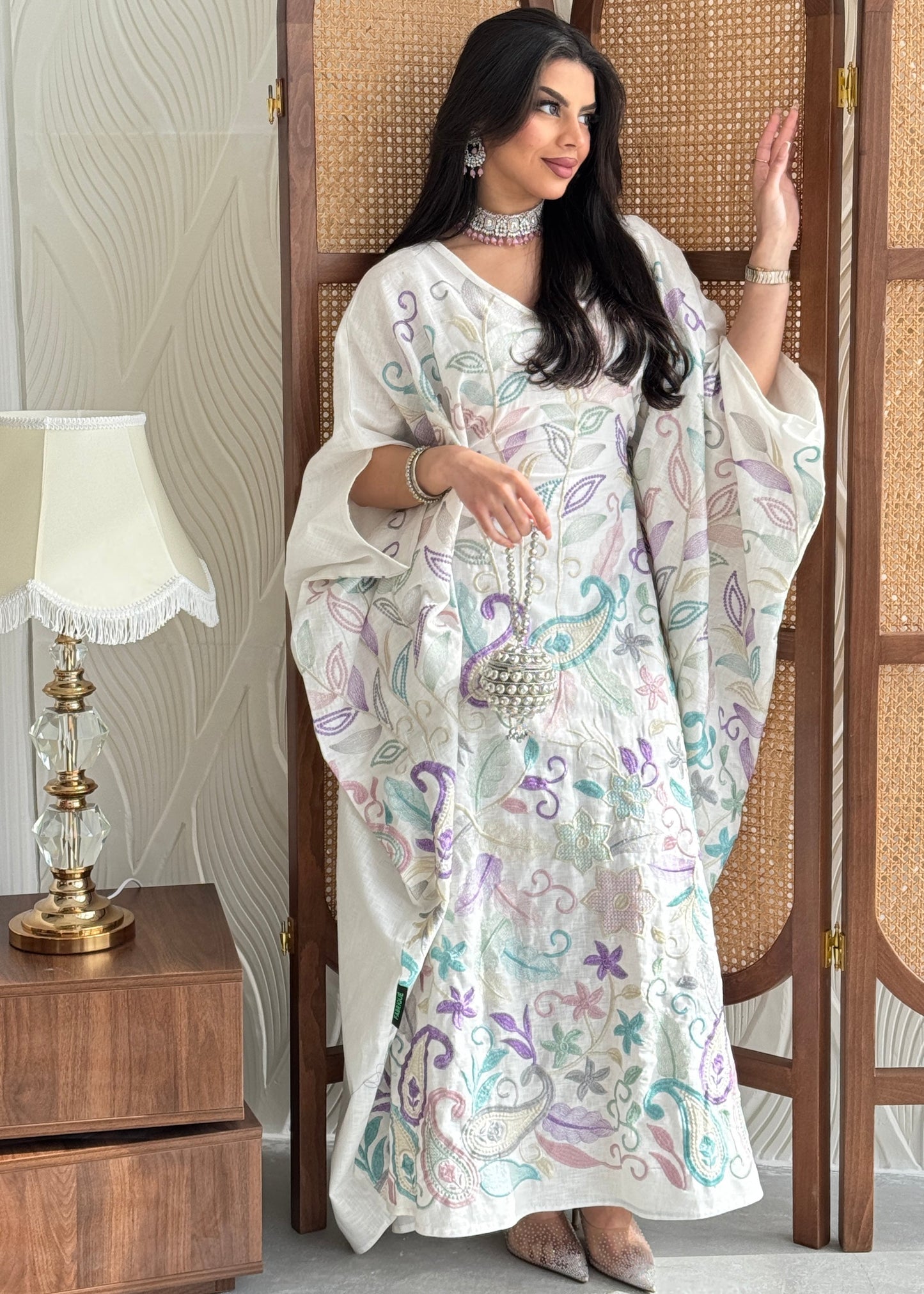 FAB262-White Linen free-size jalabiya with elegant multicolor embroidery