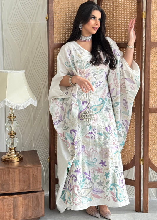 FAB262-White Linen free-size jalabiya with elegant multicolor embroidery