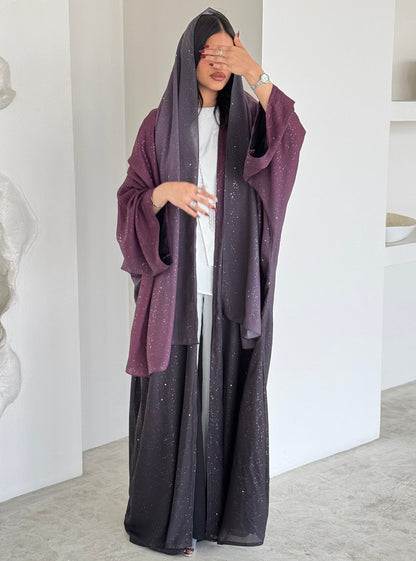 FAB162- Maroon Ombre Glitter Abaya with matching headscarf