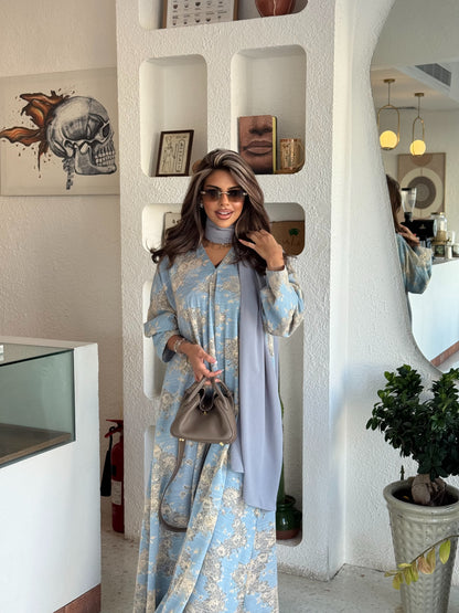 FAB300- Yellow and Blue Lace and Linen Summer A-Cut Abaya