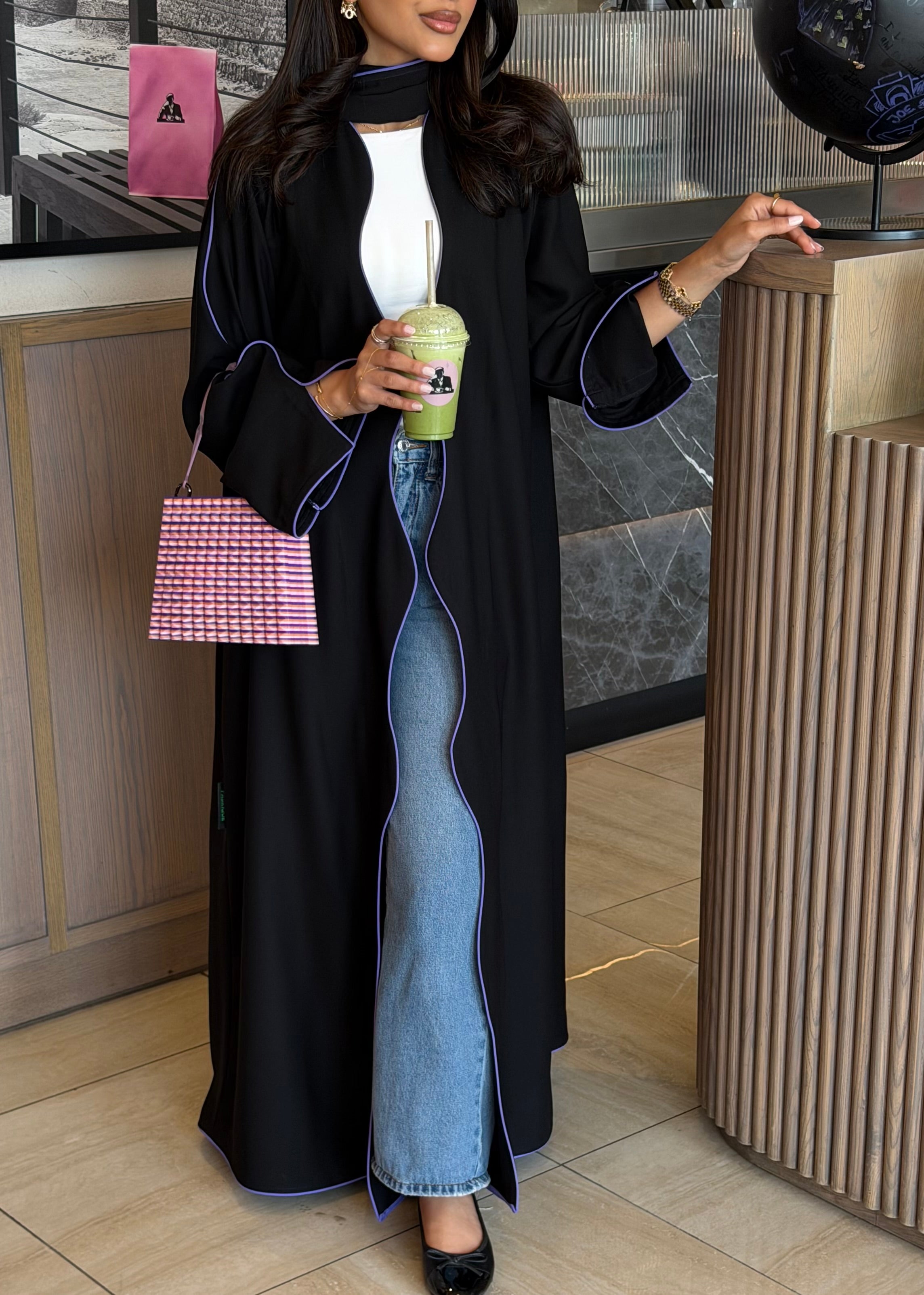 FAB319- Black crepe swirl-cut abaya with purple piping abaya and headscarf