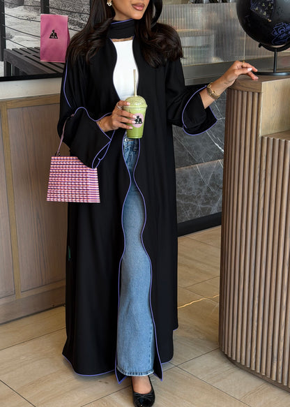FAB319- Black crepe swirl-cut abaya with purple piping abaya and headscarf