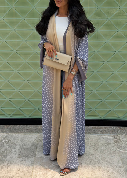 FAB322- Ghazal A-Cut Printed Abaya Set in Grey and Yellow color
