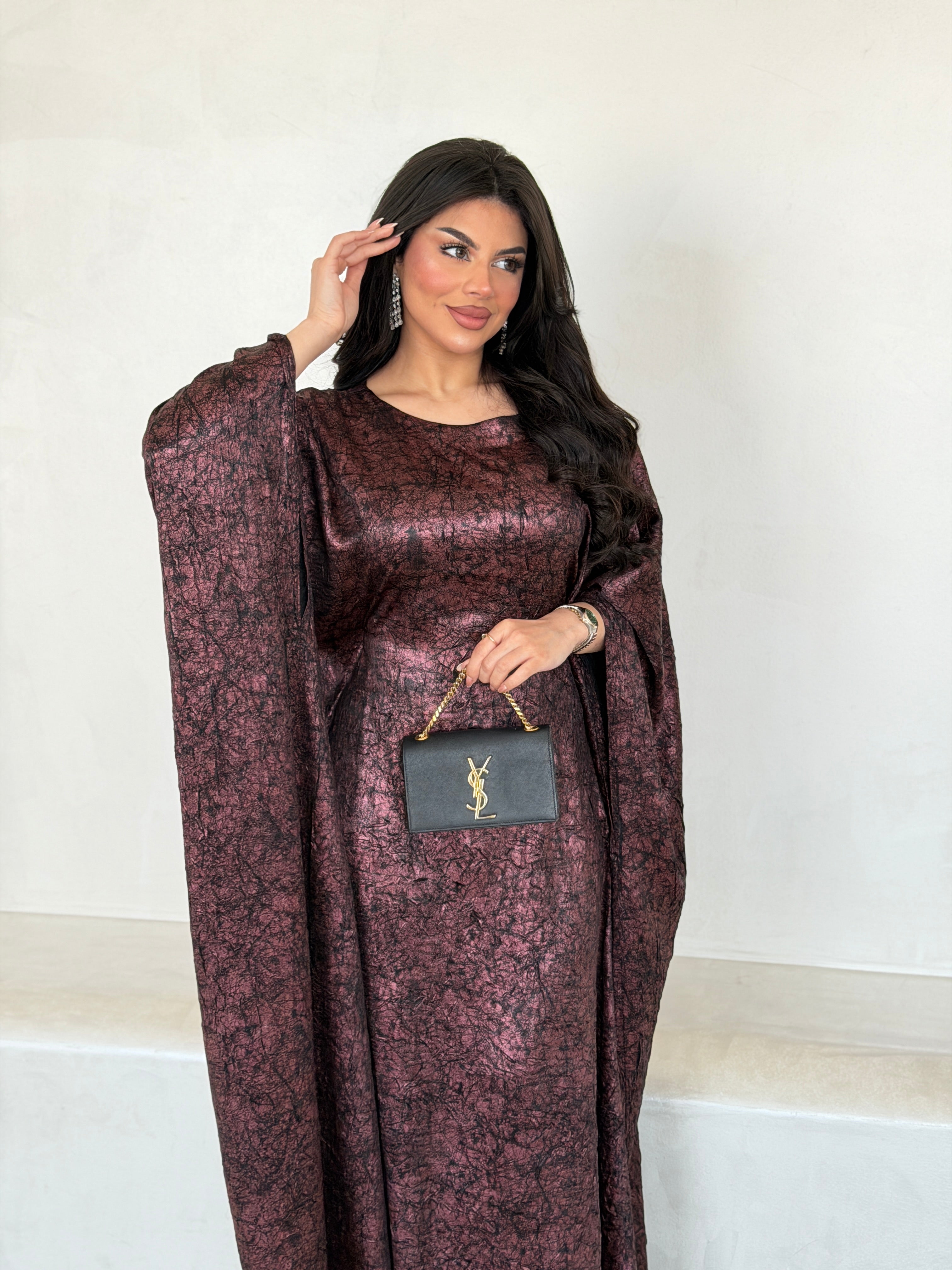 FAB290-Maroon Metallic Cotton Stretch Free size Dress with inner belt