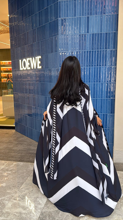 FAB303- Blue & Black Print Chiffon Silk A-Cut Abaya Set