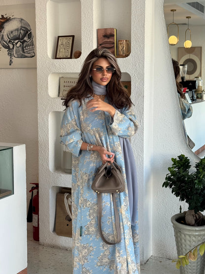 FAB300- Yellow and Blue Lace and Linen Summer A-Cut Abaya