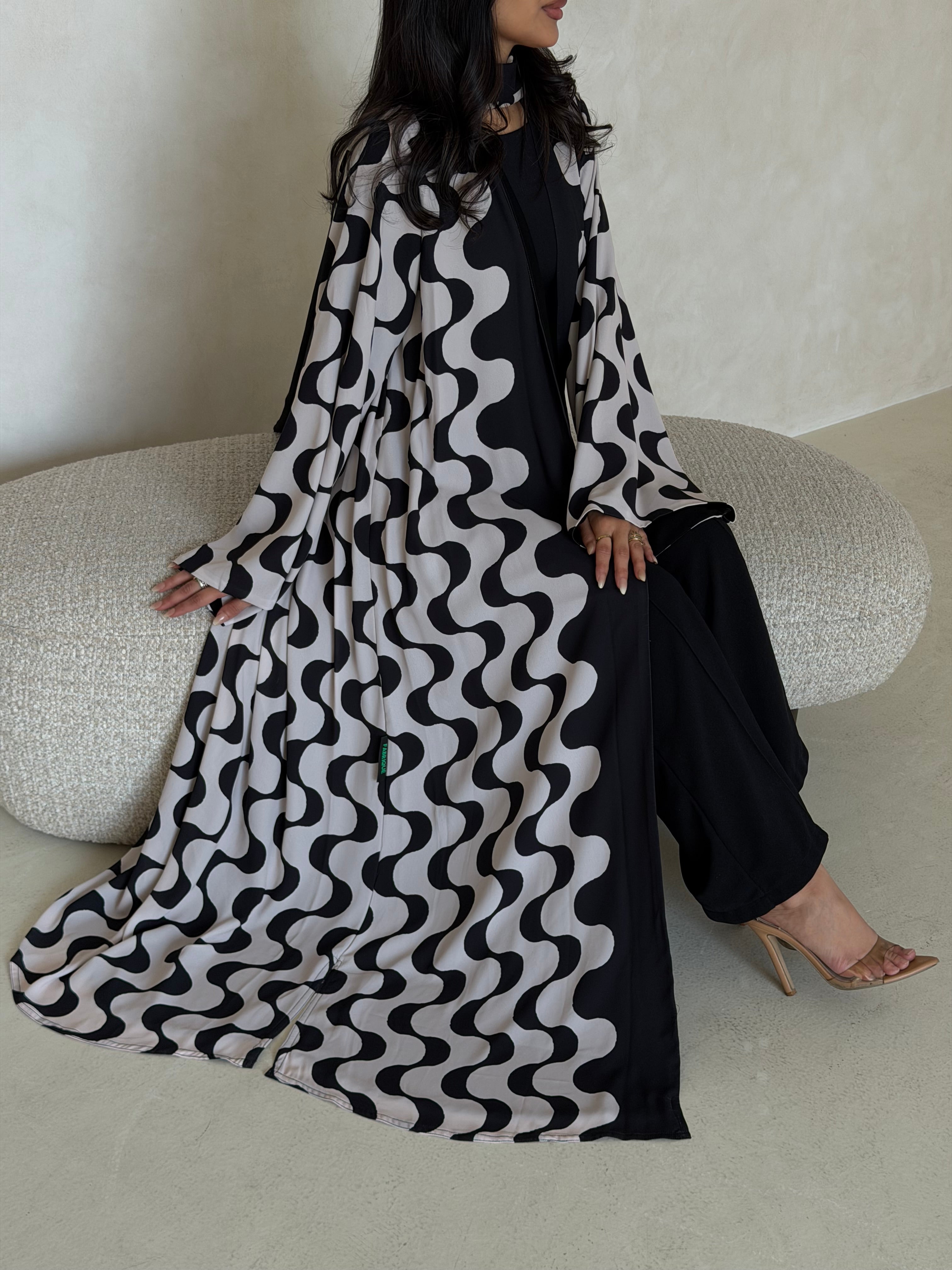 FAB344- White and Black Waves Printed Straight-Cut Abaya and matching headscarf