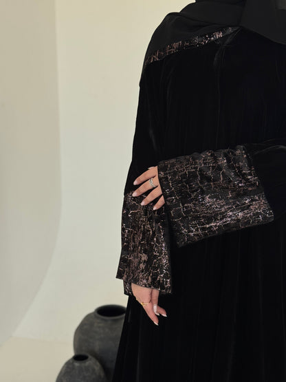 FAB245-Rose Metallic Black Velvet Abaya with Metallic pipping headscarf
