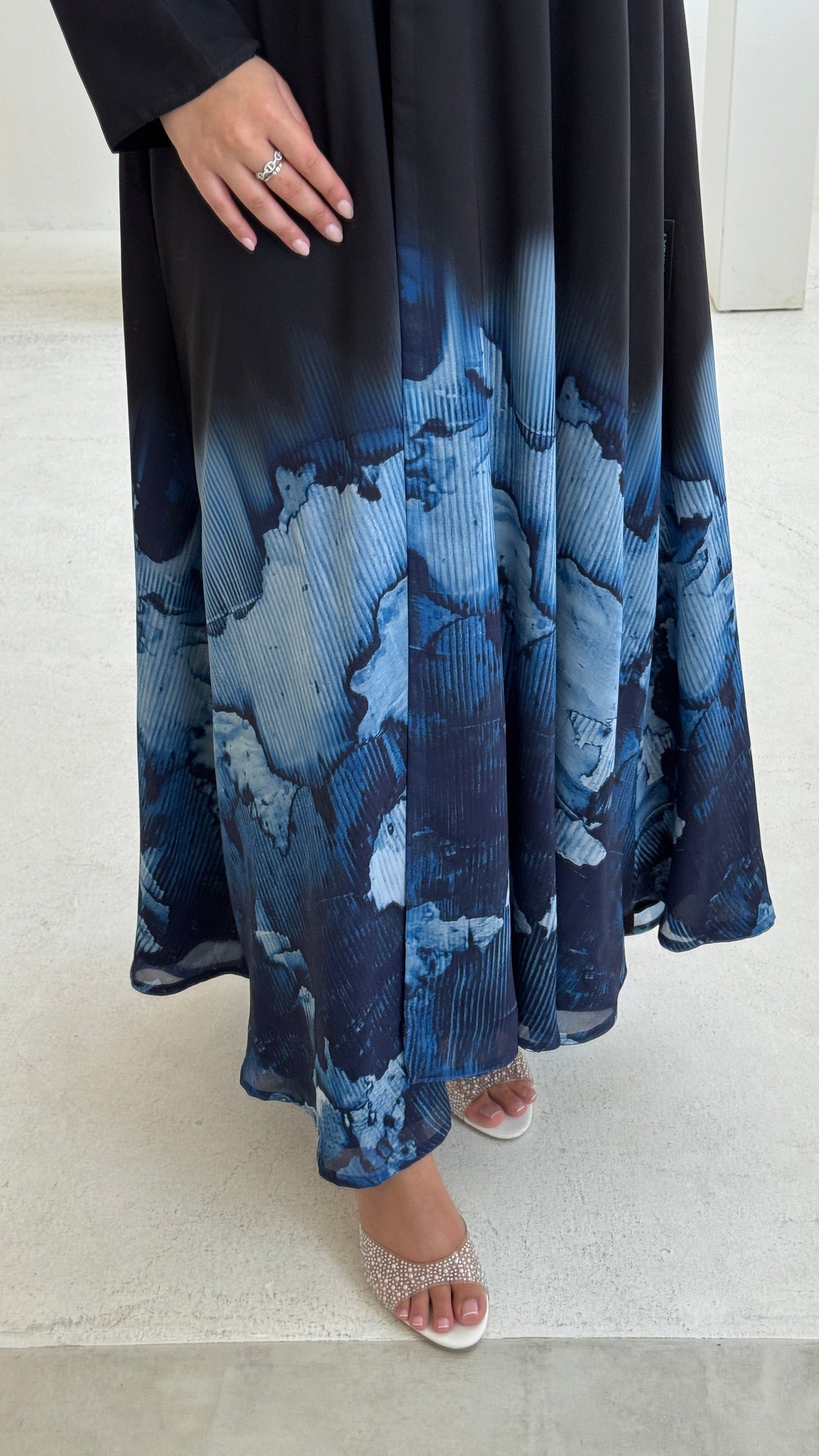 FAB211- Blue Ombre Waves print Shiffon A-cut Abaya with headscarf