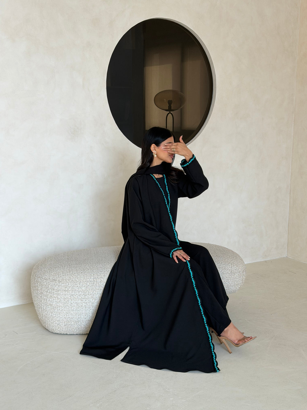 FAB347- Tiffany Crochet Black Crepe Klosh-Cut Abaya with Headscarf