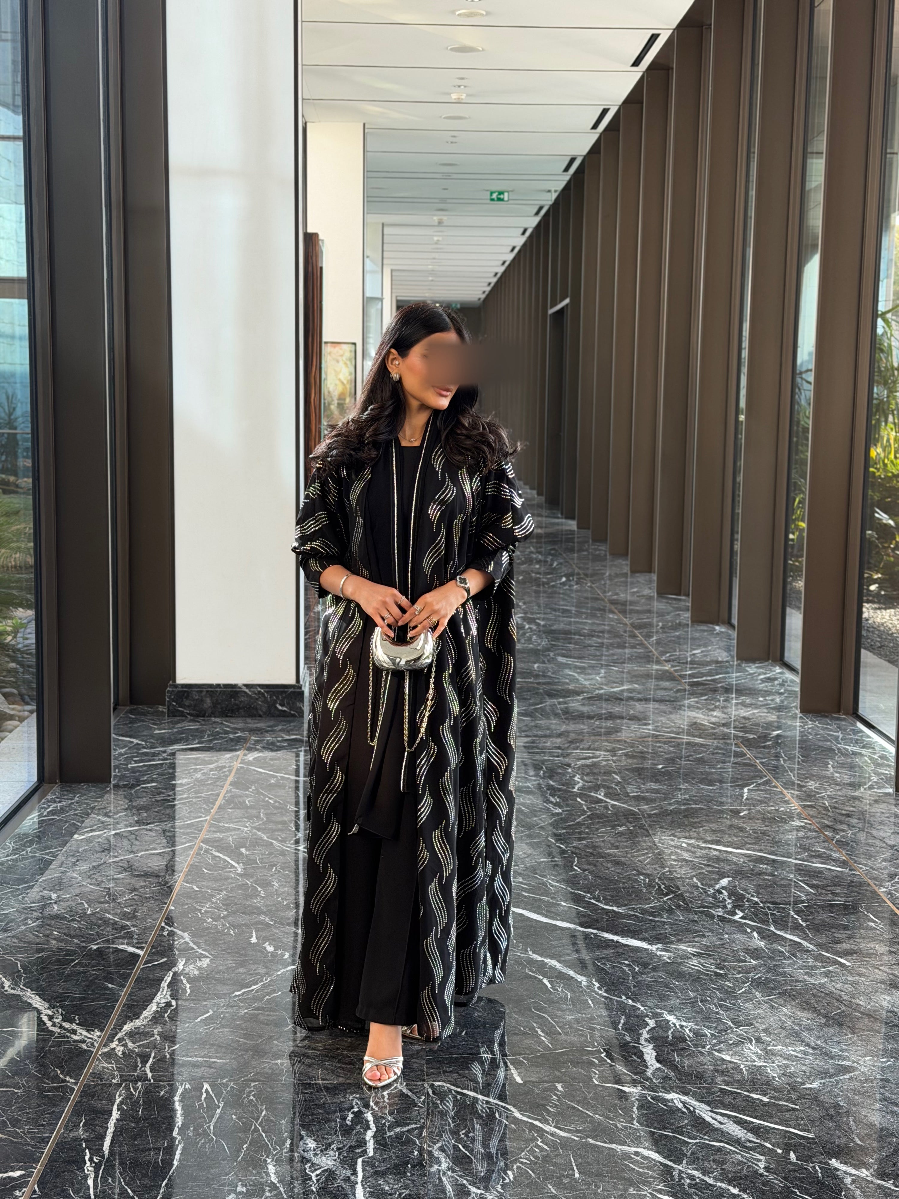 FAB339 – Elegant Black Chiffon Abaya with Silver Naqda Embroidery, Half-Bisht Cut & Matching Headscarf