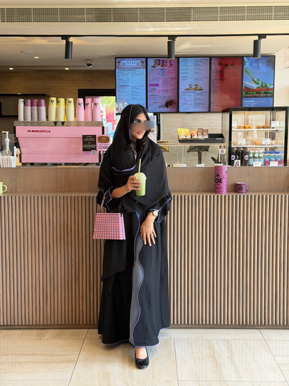 FAB319- Black crepe swirl-cut abaya with purple piping abaya and headscarf