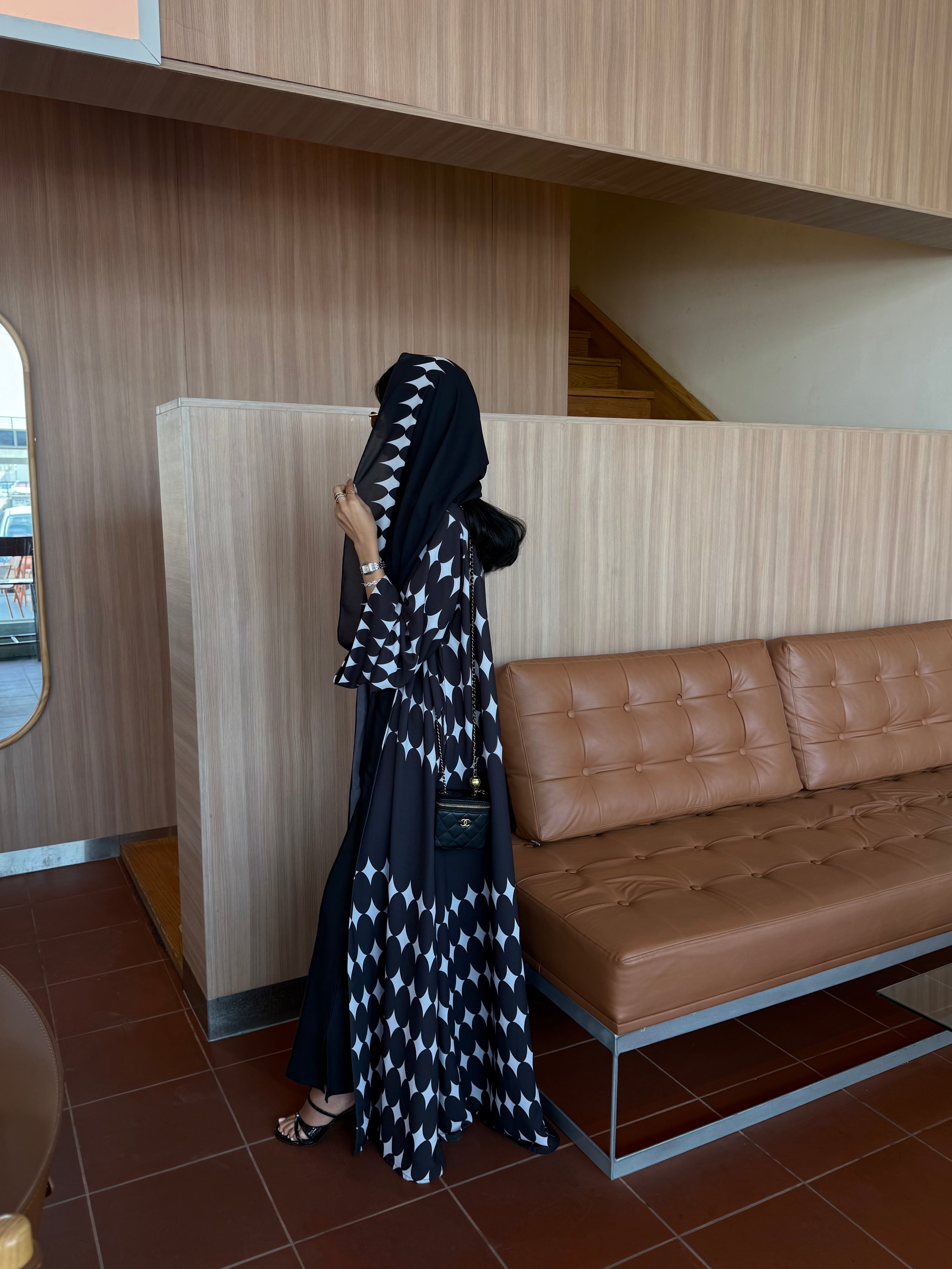 FAB334-White & Black Diamond Print Straight-Cut Abaya with Matching Headscarf