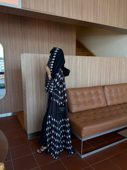 FAB334-White & Black Diamond Print Straight-Cut Abaya with Matching Headscarf