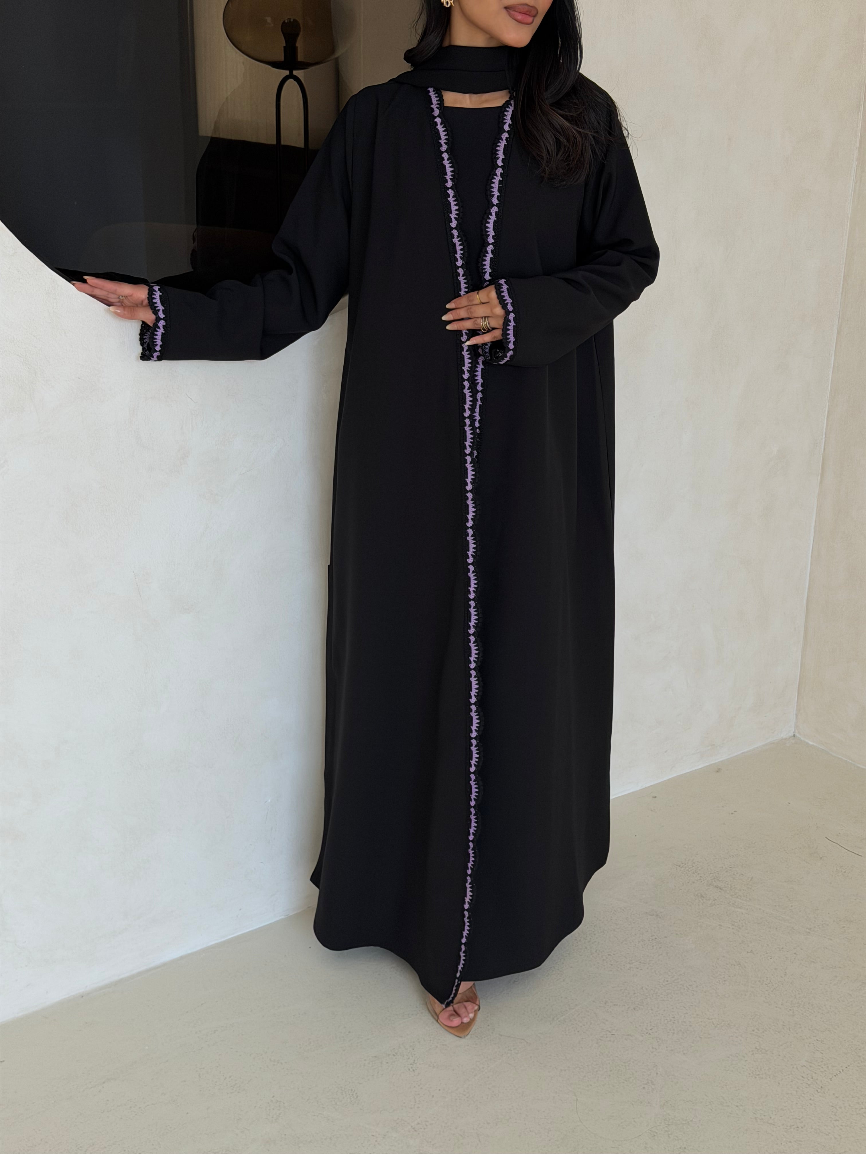 FAB348- Purple Crochet Black Crepe Klosh-Cut Abaya with Headscarf