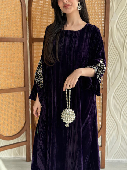 FAB250-Purple Velvet Crystals Embroidered A-Cut Jalabiya