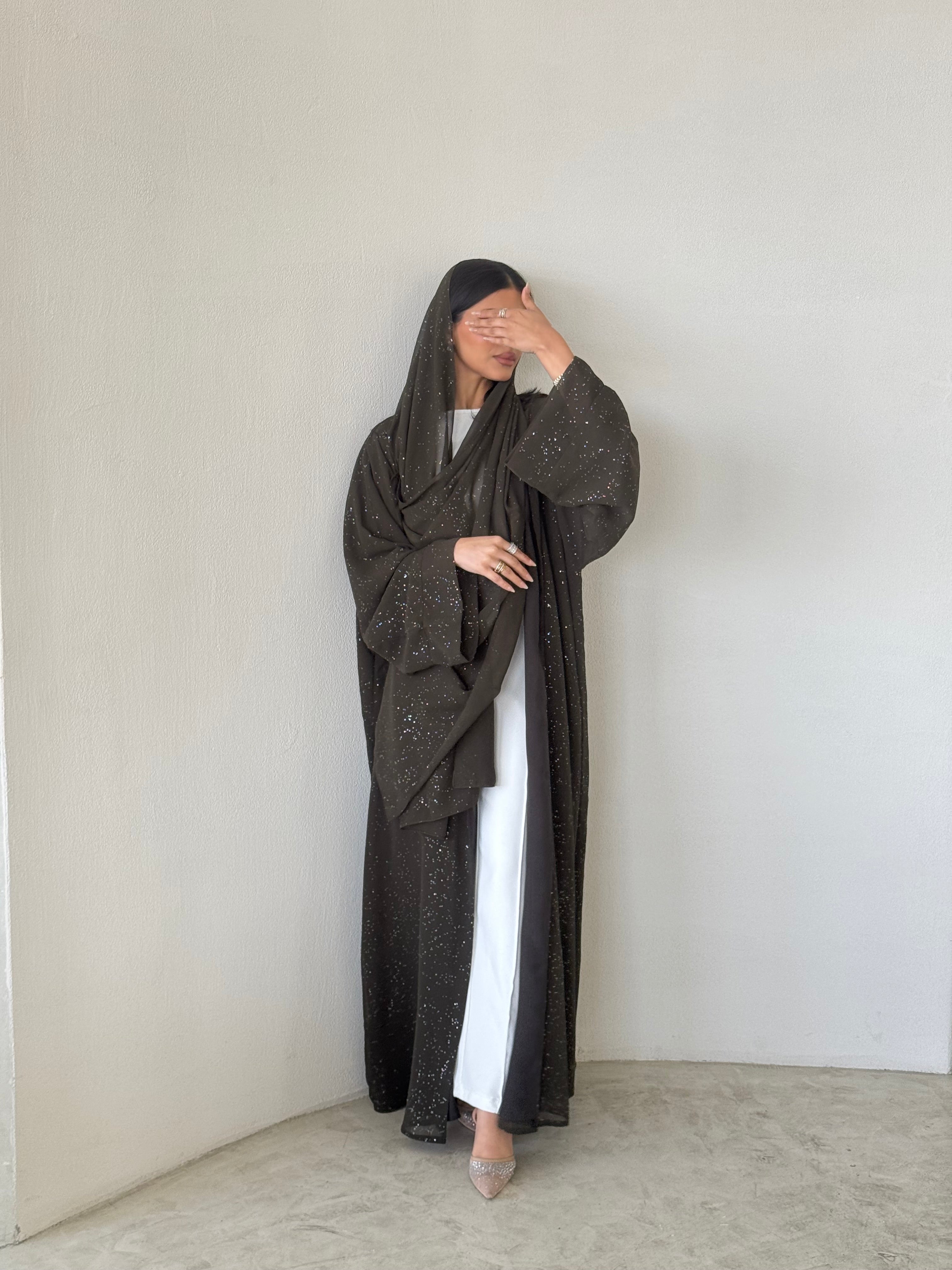 FAB183- Army Green Glitter Chiffon Abaya Set
