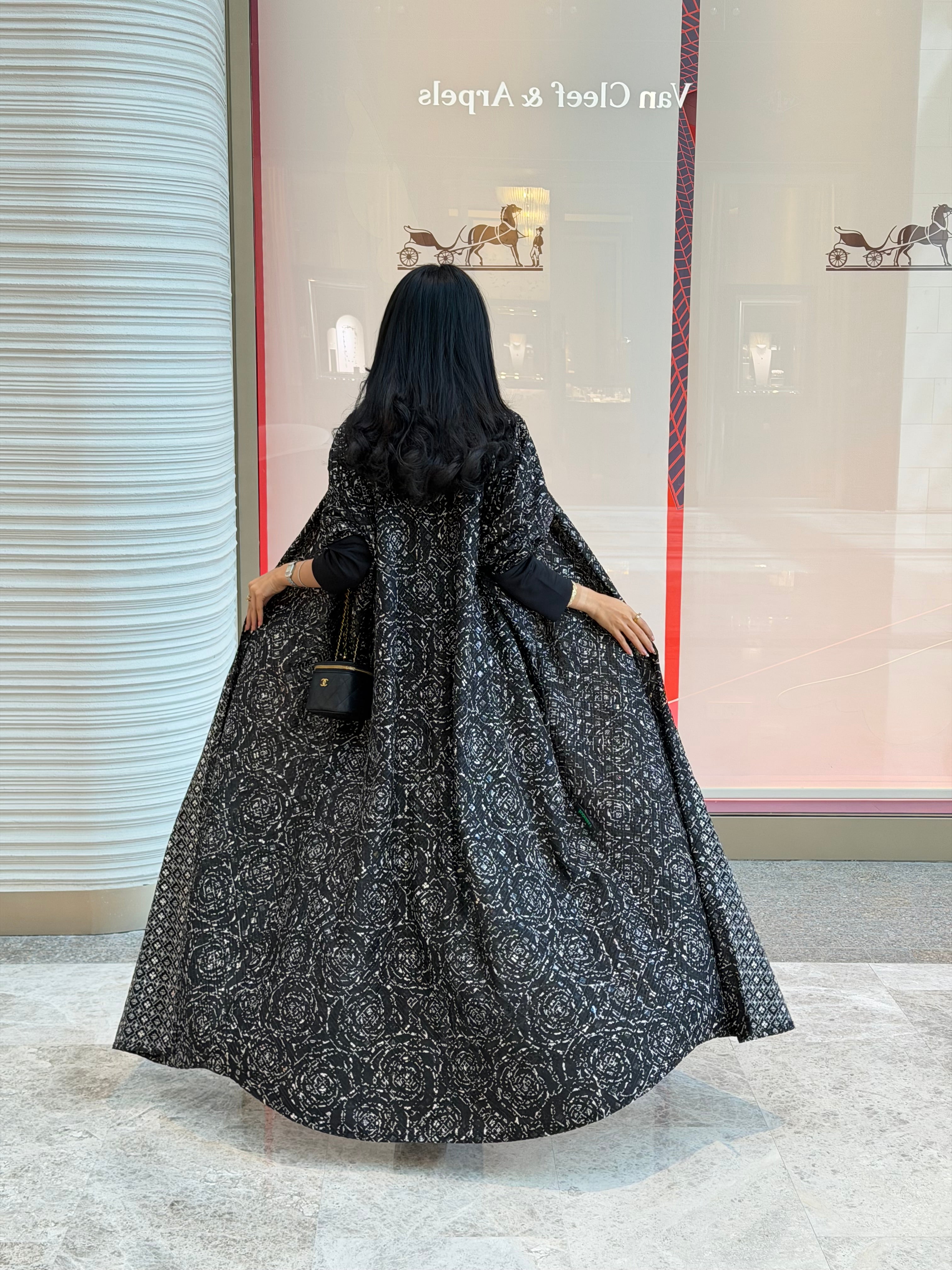 FAB340-Black White Embroidery Half-Bisht Cut Abaya with Fitted Black Stretch Sleeves and matching headscarf