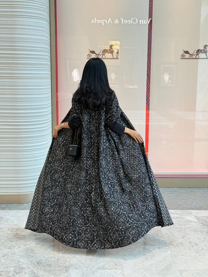FAB340-Black White Embroidery Half-Bisht Cut Abaya with Fitted Black Stretch Sleeves and matching headscarf