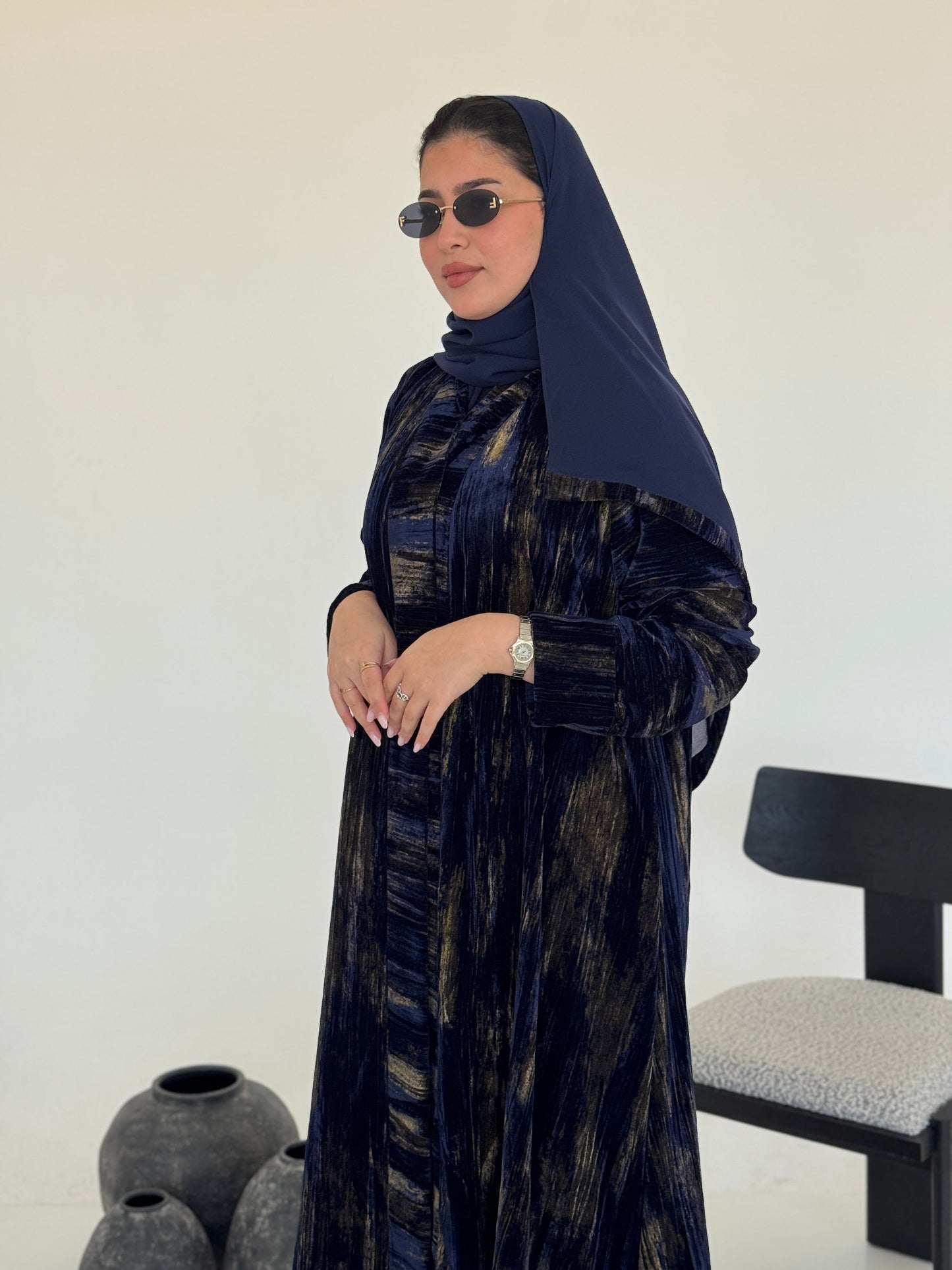 FAB235- Blue & Gold Marble Velvet A-Cut Abaya