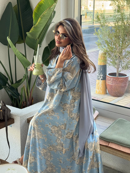 FAB300- Yellow and Blue Lace and Linen Summer A-Cut Abaya
