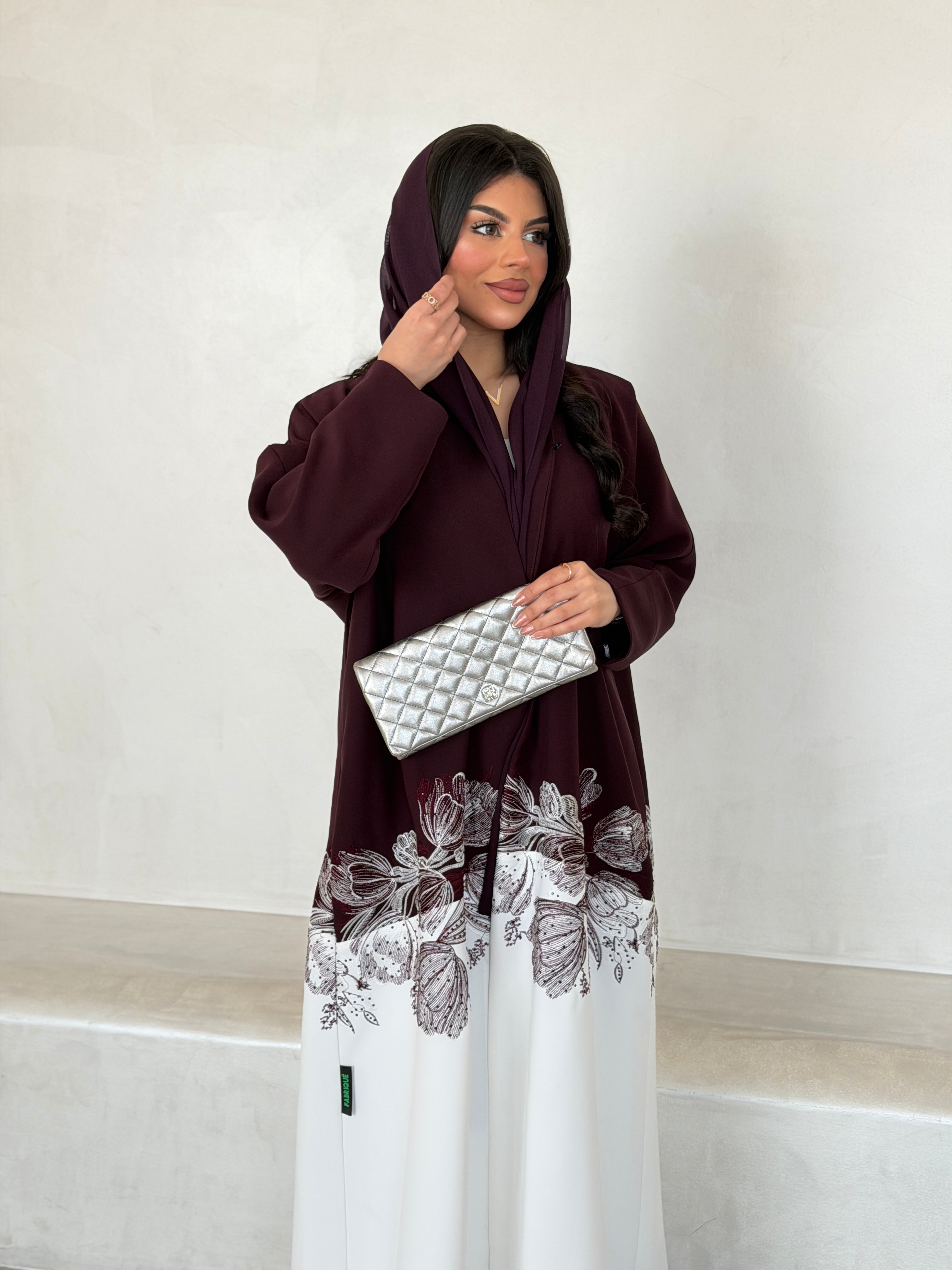 FAB293- Burgundy & White Crepe Crystal Embroidered Abaya