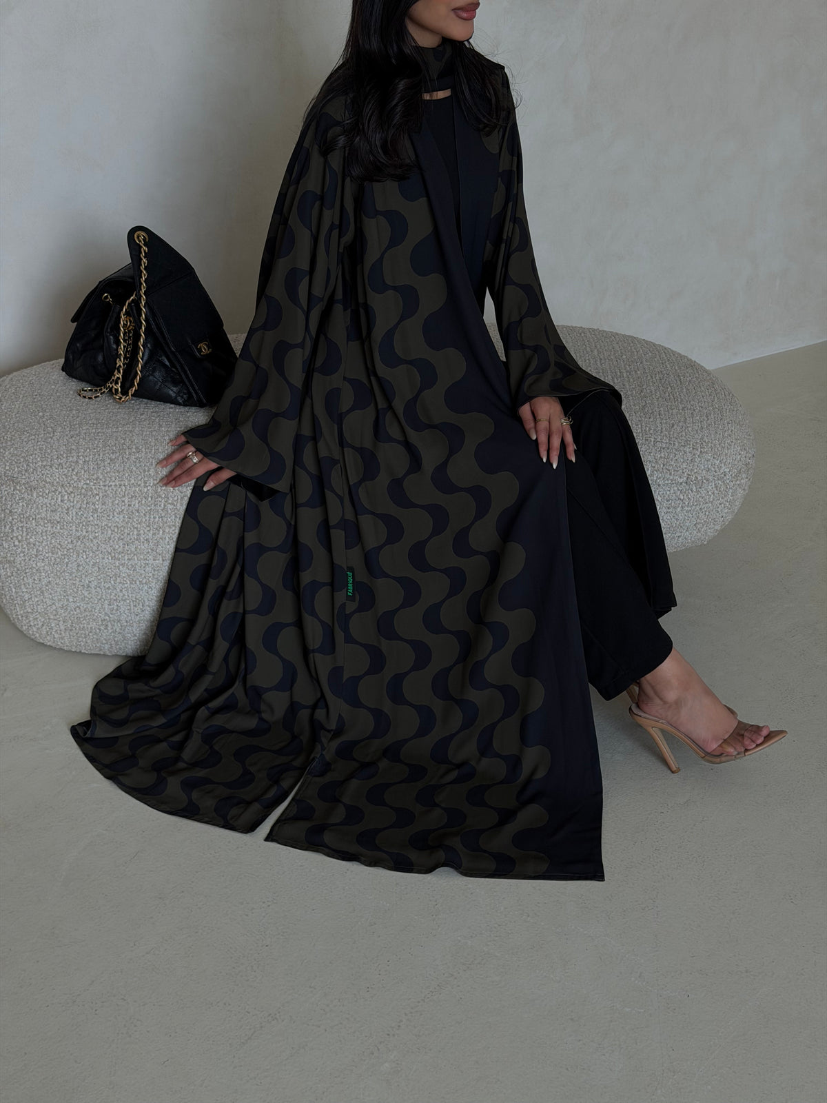 FAB343- Dark Olive and Black Waves Printed Straight-Cut Abaya and matching headscarf