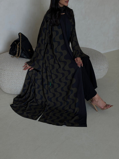 FAB343- Dark Olive and Black Waves Printed Straight-Cut Abaya and matching headscarf