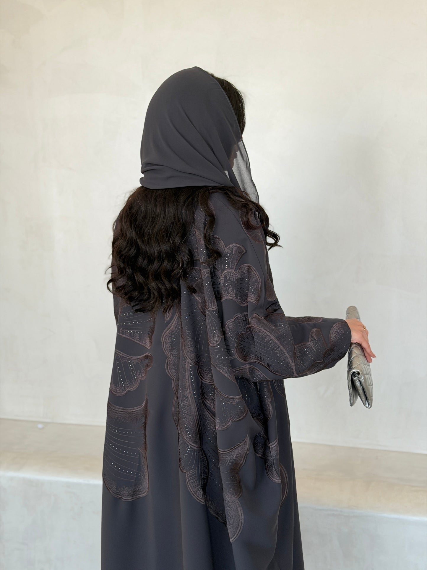 FAB296- Grey Crystal Embroidered Half Bisht Cut Crepe Abaya