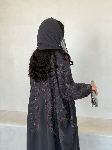 FAB296- Grey Crystal Embroidered Half Bisht Cut Crepe Abaya