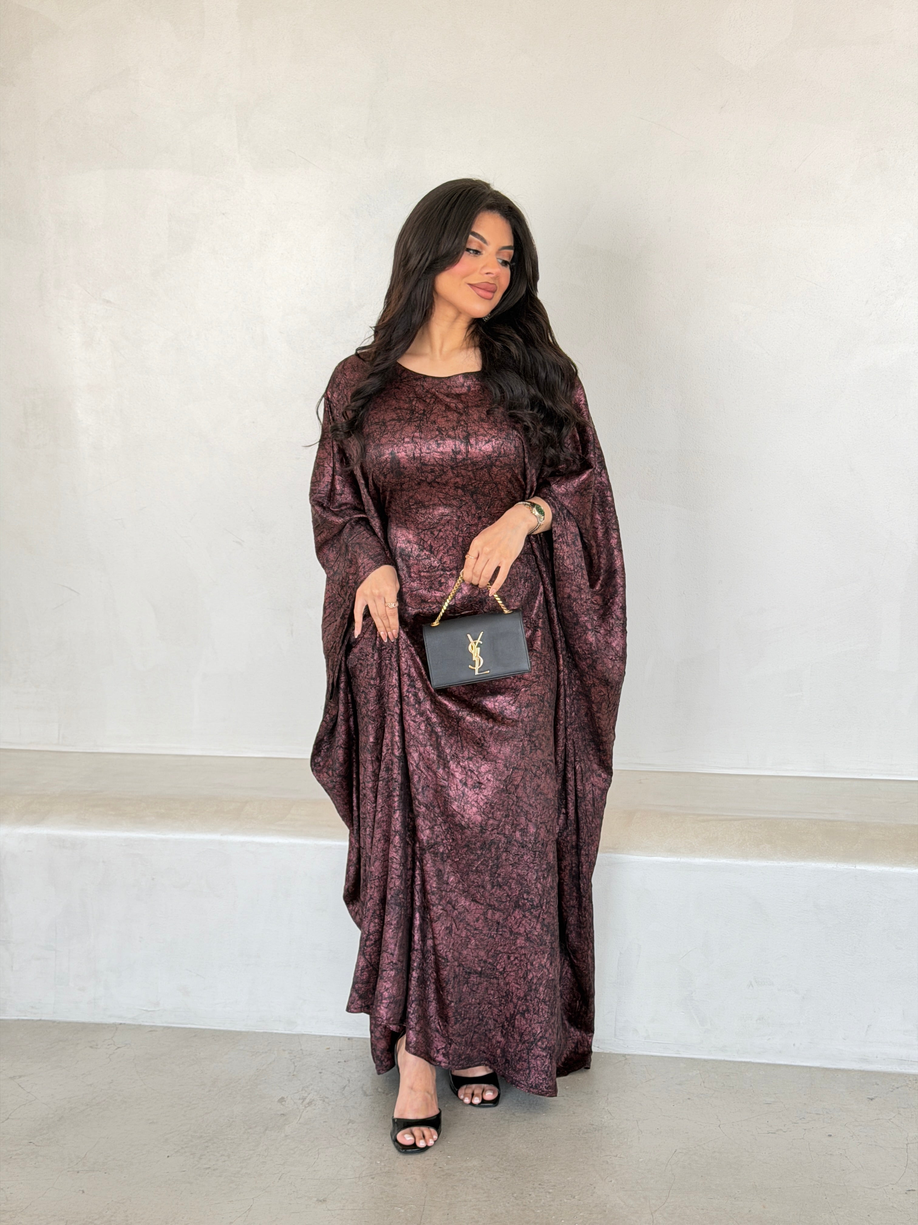 FAB290-Maroon Metallic Cotton Stretch Free size Dress with inner belt