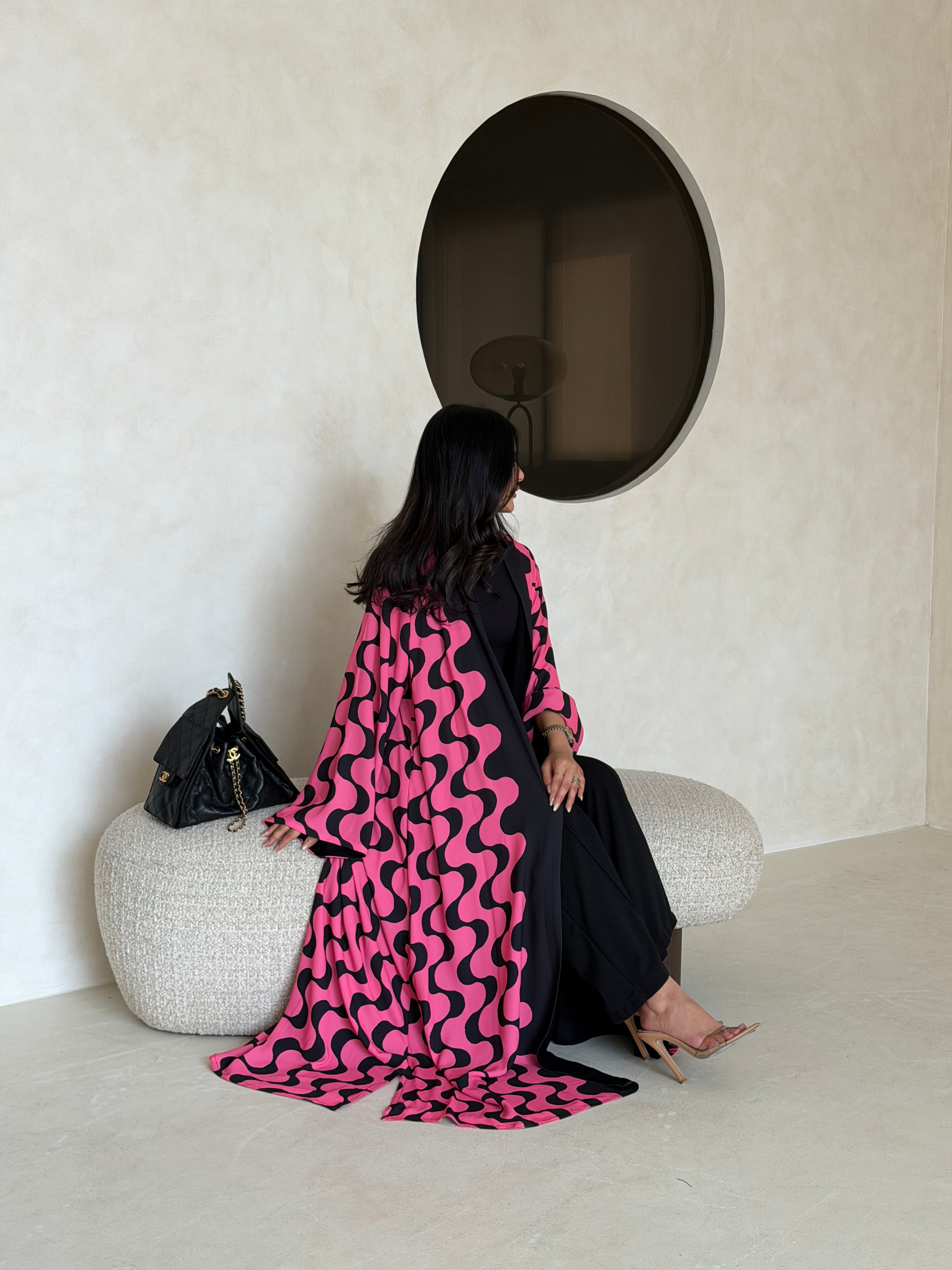 FAB342-Barbie Pink and Black Waves Printed Straight-Cut Abaya and matching headscarf