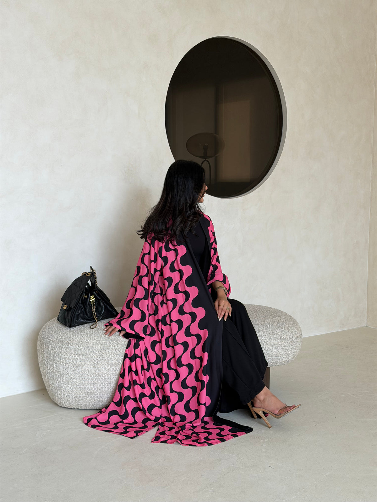 FAB342-Barbie Pink and Black Waves Printed Straight-Cut Abaya and matching headscarf