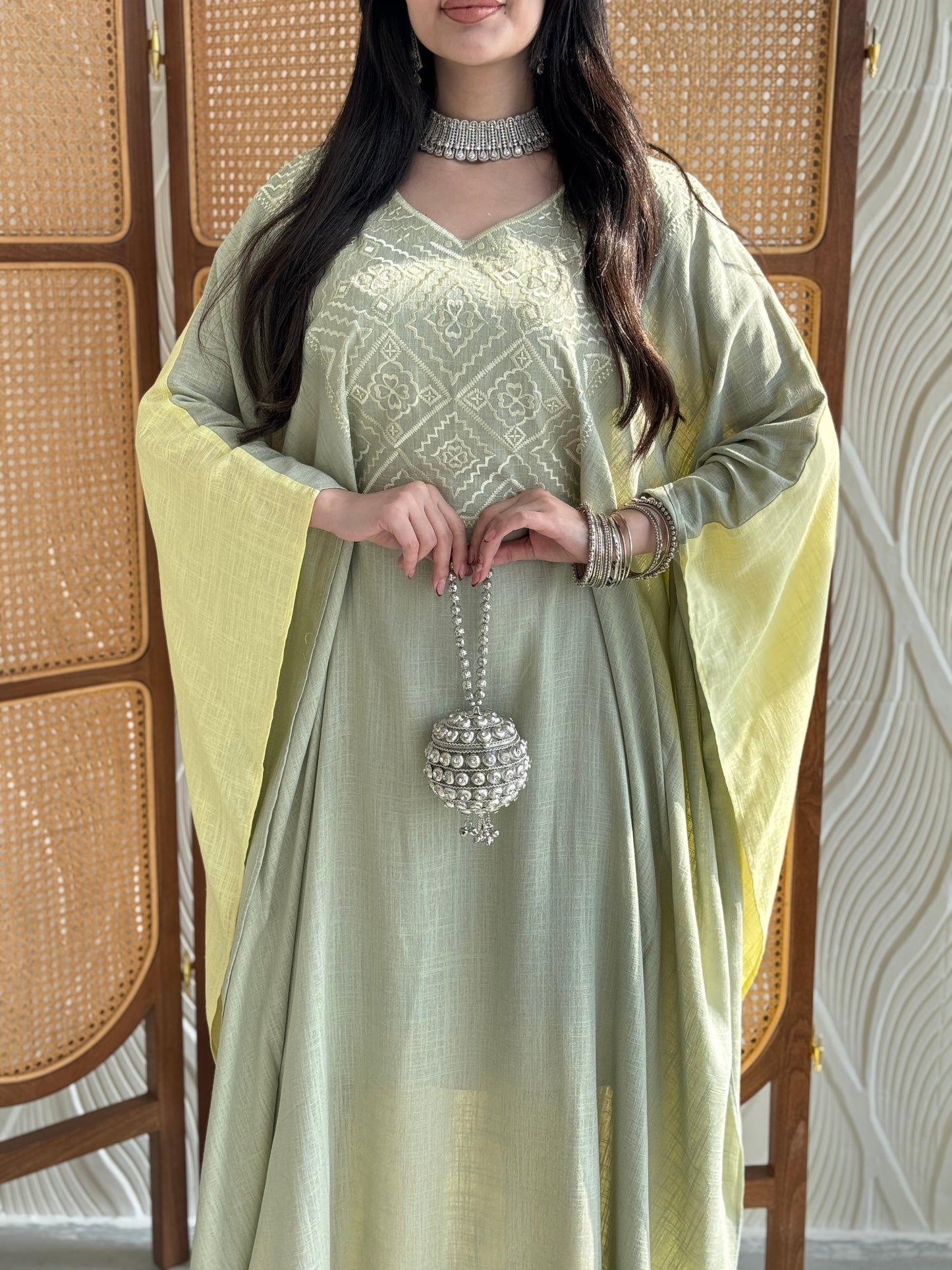 FAB254- Light Green and Yellow Two-sided embroidered Linen butterfly cut jalabiya