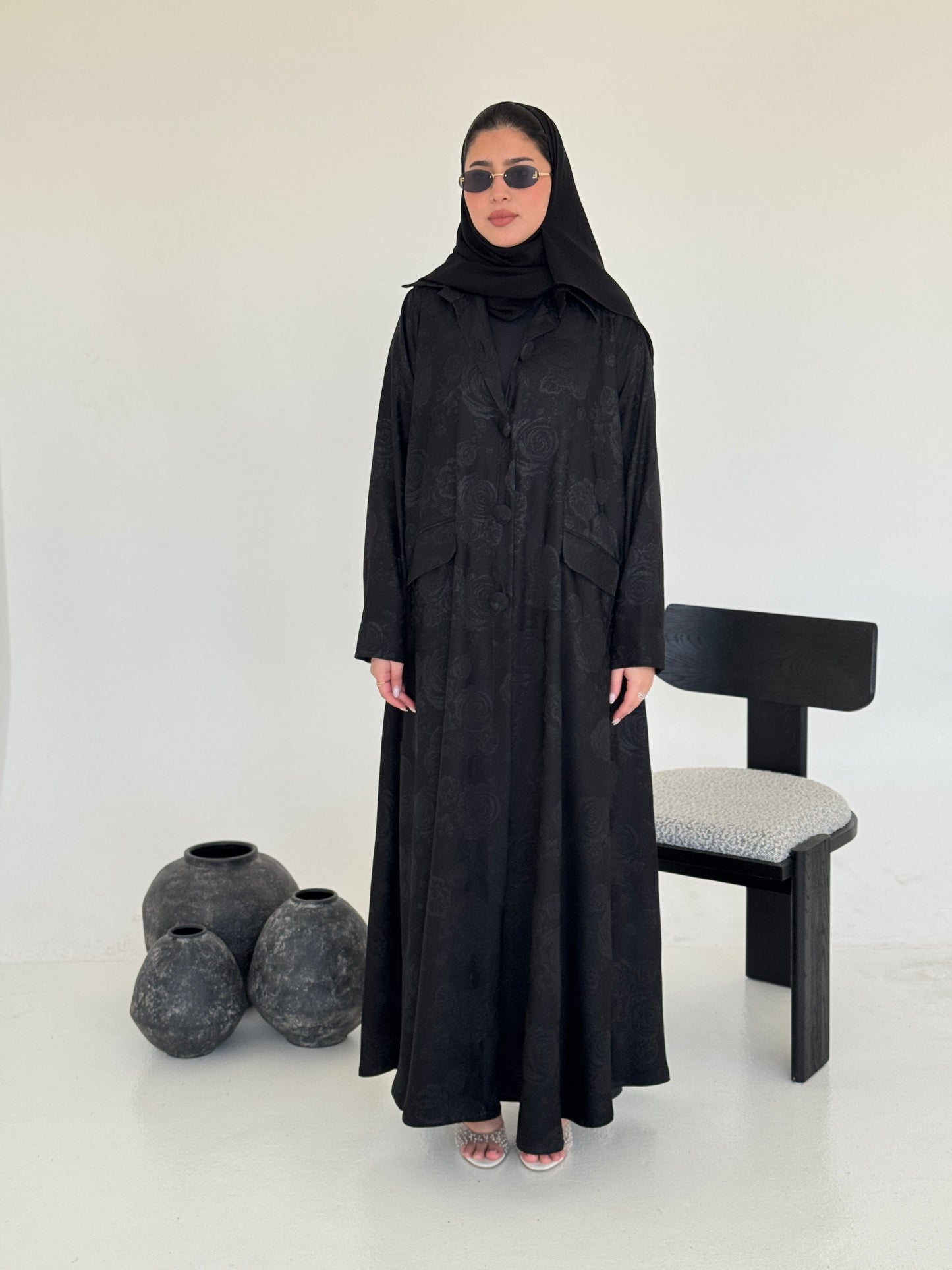 FAB238- Black Floral Silk Jacquard Blazer A-Cut Abaya