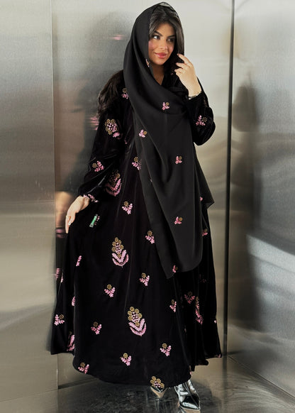 FAB248- Black Velvet with Pink Embroidery A-Cut Abaya Set