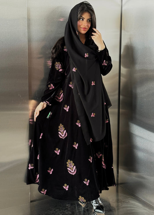 FAB248- Black Velvet with Pink Embroidery A-Cut Abaya Set