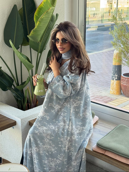 FAB301- White and Blue Lace and Linen Summer A-Cut Abaya