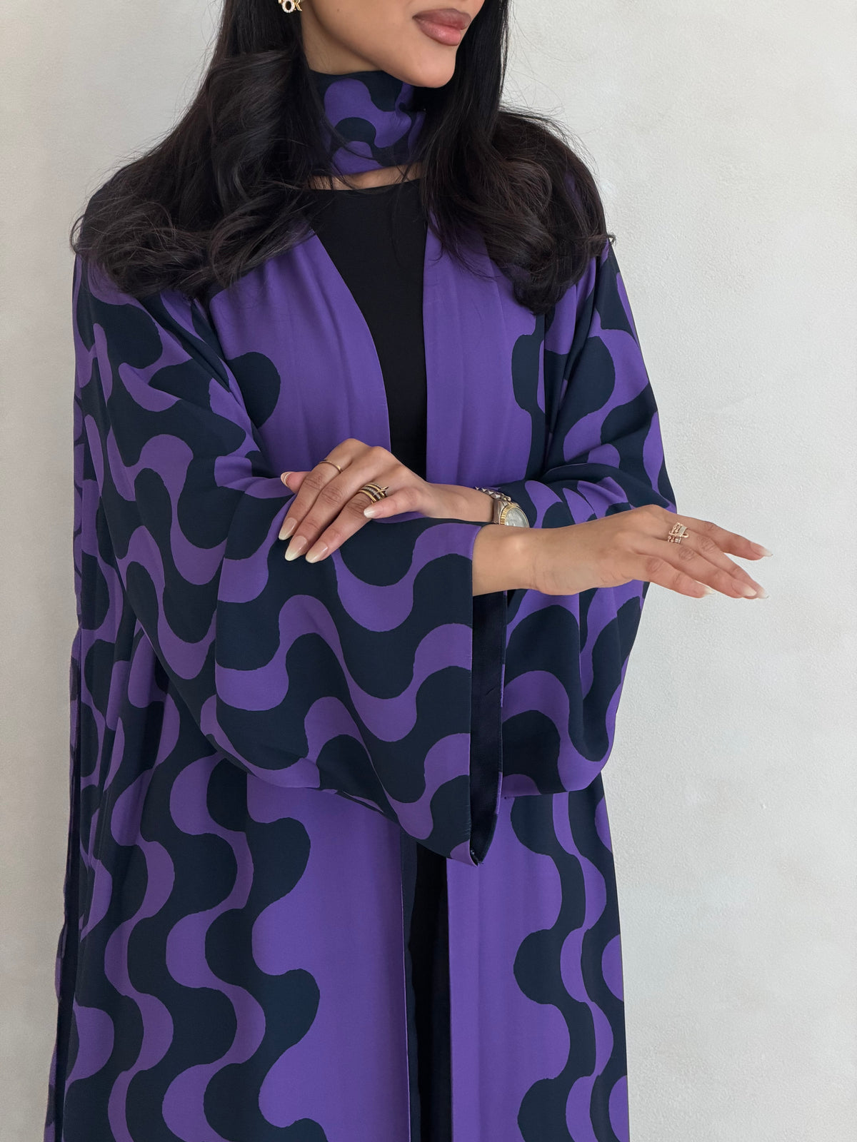 FAB345- Purple Blue Waves Printed Straight-Cut Abaya and matching headscarf