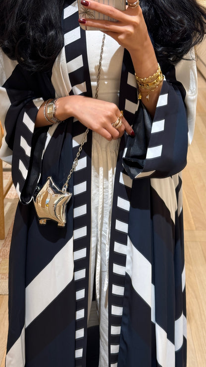 FAB303- Blue & Black Print Chiffon Silk A-Cut Abaya Set